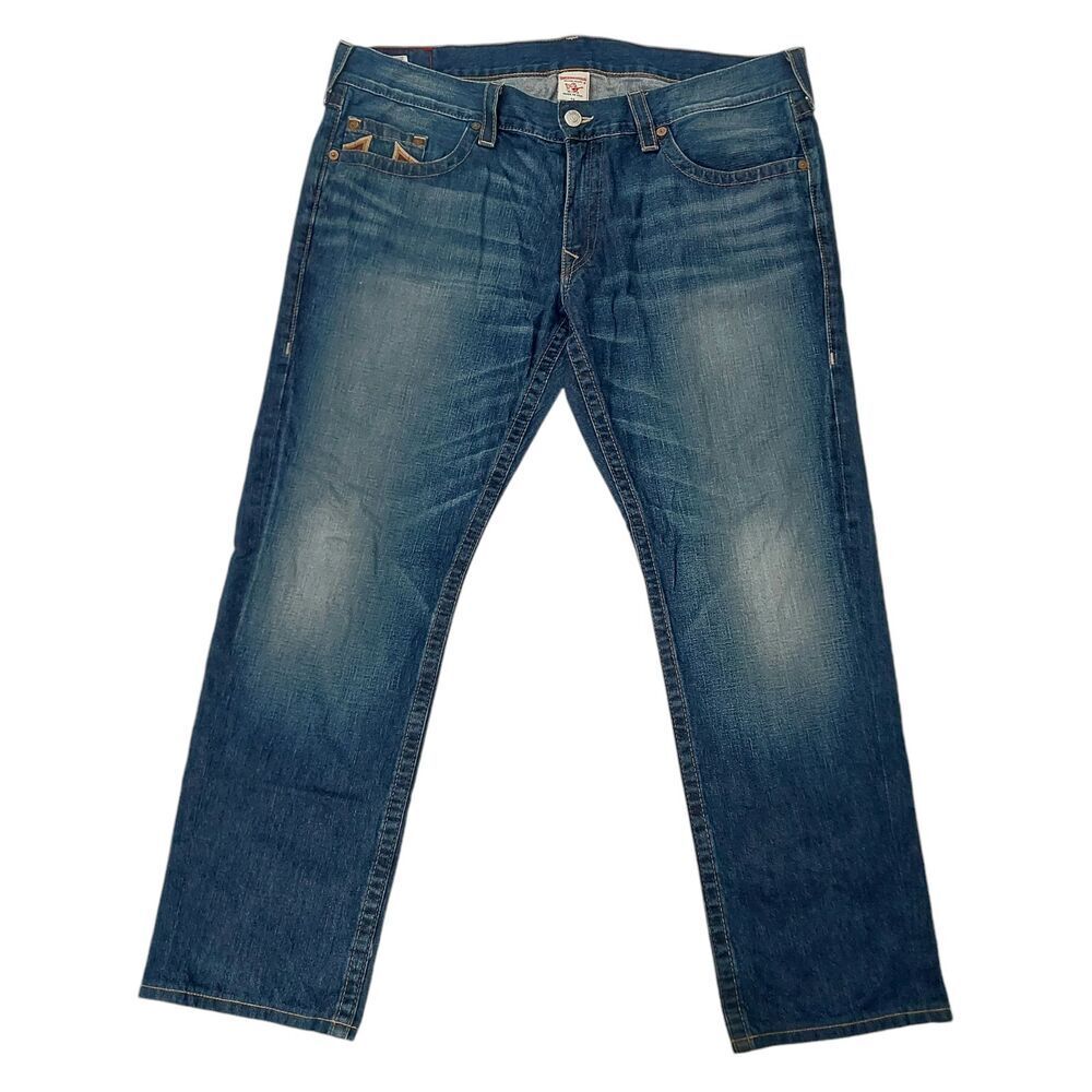 True Religion Bobby Jeans Mens 42x32 Blue Straight Leg Embroidered Retro Y2K